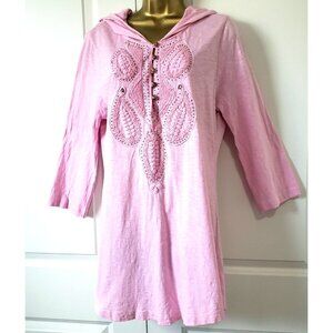 Soft Surroundings Pink Embroidered Top SZ M Hooded Beaded 3/4 Sleeve Tunic